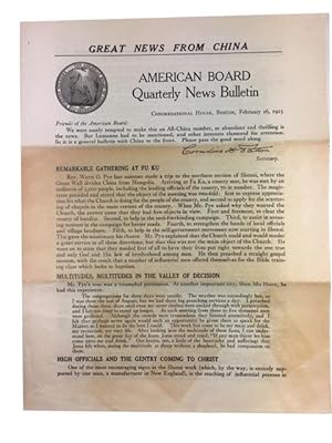 American Board Quarterly News Bulletin, Congregational House, Boston, February 16, 1923