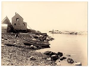 Silver print photo of Monhegan Island, Maine fish house and boats at harbor
