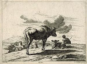 Cows and Sheprherd with Village below. First edition.