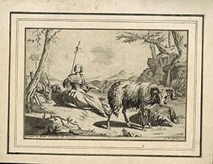 A Shepherdess with Rams. Rustende herderin met rams. First edition.