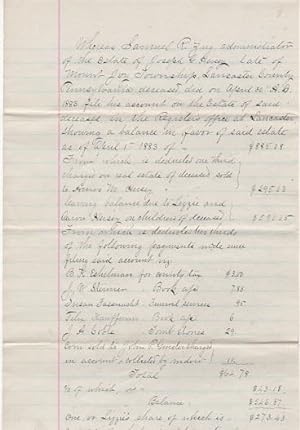 1885 HANDWRITTEN RELEASE TO LIZZIE HEISEY OF THE LEGACY FROM HER LATE FATHER'S ESTATE, EXECUTED B...