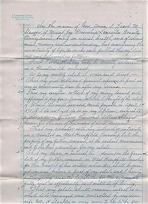 1897 HANDWRITTEN WILL OF JACOB M. STAUFFER OF MOUNT JOY TOWNSHIP, LANCASTER COUNTY