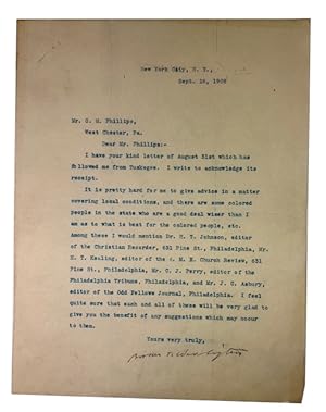 Typed Letter, signed, dated September 16, 1908. To G. M. Phillips of West Chester, Pennsylvania