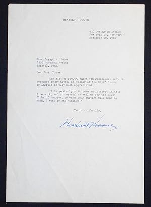 1 typed letter, signed by President Herbert Hoover, on his personal stationery