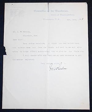 Typed letter signed by Congressman Joseph Wheeler (Fighting Joe Wheeler)