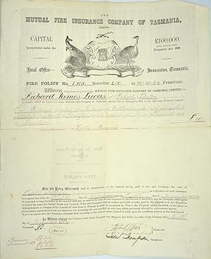 Mutual Fire Insurance Co. of Tasmania. Fire policy made out to Richard James Lucas of Hobart