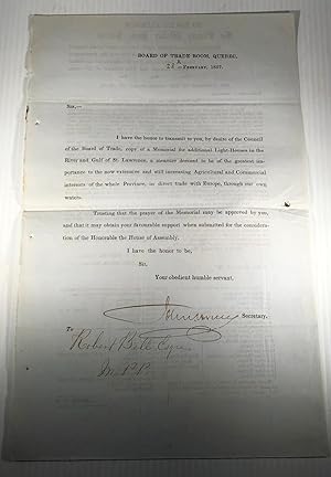 Printed document signed by John Bruce, Secretary of the Board of Trade, Quebec City, to Robert Be...