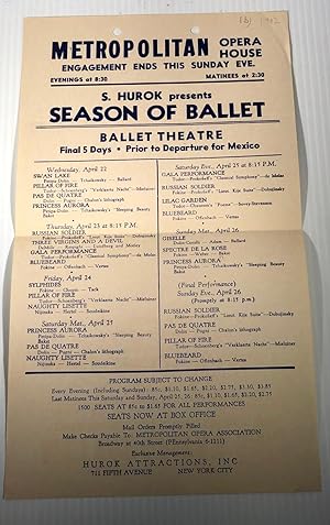 Metropolitan Opera House. S. Hurok presents Season of Ballet. Ballet Theatre. Final 5 Days. Prior...