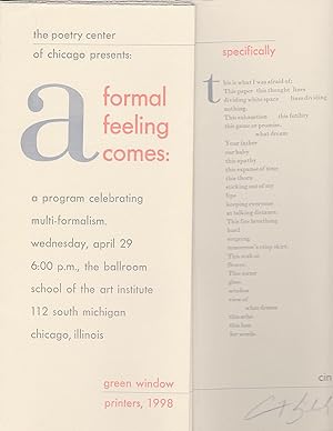 The Poetry Center of Chicago Presents A Formal Feeling Comes A Program Celebrating Multi-Formalism.