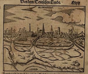 Aldenburg Germany birds-eye city view 1598 Munster Cosmography wood cut print