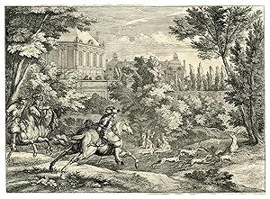 Antique Master Print-STAG-HUNTING NEAR A CHATEAU-c.1675