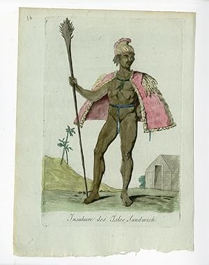4 Antique Prints-WOMAN-MAN-DANCER-CANOER-HAWAII-COSTUME-Grasset-Mixelle-1784