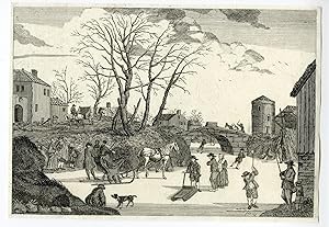Dutch Winter Landscape, skating on a frozen river. ANONYMOUS, c.1810