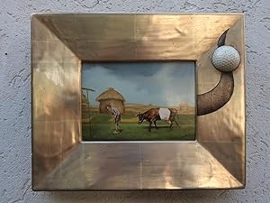 OIL PAINTING-FARMER PLAYING GOLF with COW Jean-Michel Lengrand, 1981