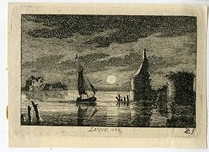 Antique Print-LANDSCAPE-MOONLIGHT-RIVER-RUIN-PHILIPS after unknown artist-1766