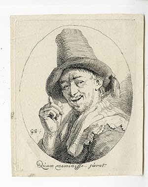 Antique Print-OBSCENE GESTE-MAN WITH HIGH HAT-SCHALCKEN after own design-ca.1670