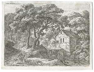 Antique Master Print-WATERMILL IN A FOREST-LIFETIME IMPR-Waterloo-c.1650