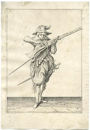 Antique Print-MILITARY-MUSKETEER-MUSKET-GUN-RIFFLE-PL.10-DE GHEYN after own design-1608