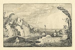 Antique Print-LANDSCAPE WITH CASCADING RIVER-VAN DE VELDE after own design-1616