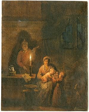 Antique Drawing-FAMILY BY CANDLELIGHT-Craeyvanger-pre-1859