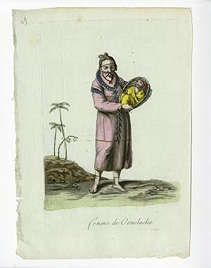3 Antique Prints-WOMAN-MAN-UNALASKA-ALASKA-COSTUME-Desrais-Grasset-Mixelle-1784