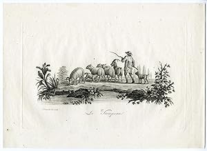 Antique Print-SHEPHERD-HERD OF SHEEP-GOAT-DOGS-LANDSCAPE-HUET after own design-c.1790
