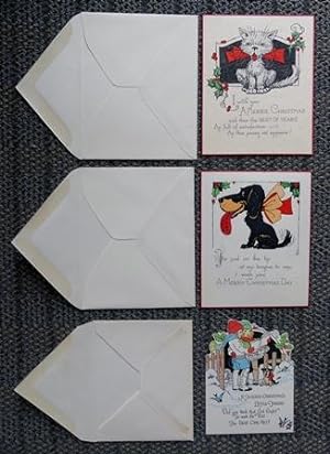 3 VINTAGE CHRISTMAS CARDS - 1. CAT. 2. DOG. 3. CHILDREN CAROLLING. WITH ORIGINAL ENVELOPES.