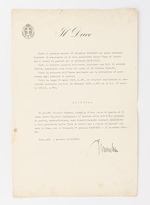 A typed document signed 'Mussolini' ('Roma, addì 7 gennaio 1939-XVII-'), reappointing two wounded...