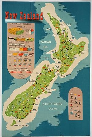 New Zealand, General Statistics. Folding Brochure with color map one side