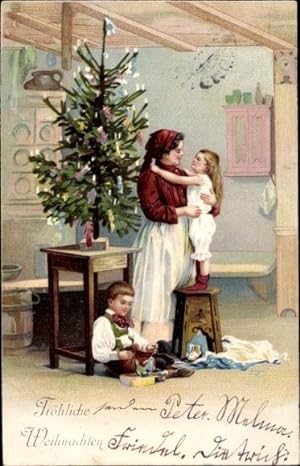Präge Litho Frohe Weihnachten, Mutter mit Kindern, Bescherung