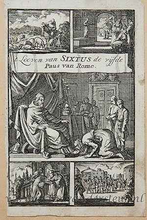 [Antique title page, 1697] Camilla, de zuster van paus Sixtus V, kust geknield zijn voet ['t Leev...