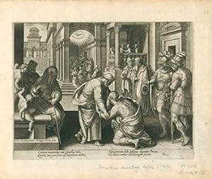 Engraving from Acta Apostolorum (Acts of the Apostles). The gentile centurion, Cornelius kneeling...