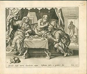 Engraving from The Story of Jacob and Esau: Blind Isaac blessing Jacob disguised as Esau First ed...
