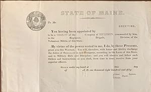 State of Maine Volunteer Militia inscription certificate for a Sergeant in a Company of Riflemen