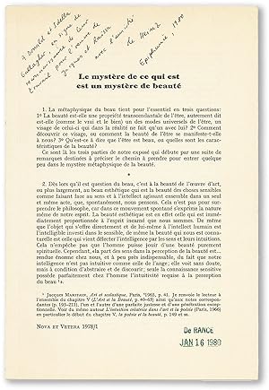 [Drop title] Le Mystère de Ce Qui Est Est un Mystère de Beauté [Inscribed and Signed]