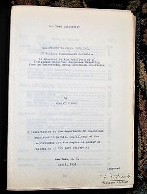 1955 NYU PhD THESIS in PSYCHOLOGY Murray Bilmes ORIGINAL BOUND TYPED CARBON COPY Rorschach Test E...