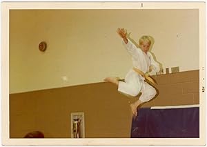 KARATE BOY SHOWS OFF MOVES MID-AIR VINTAGE COLOR SNAPSHOT PHOTO