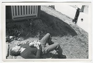 MAN AND HIS BABY DOLL NAP ON THE LAWN VINTAGE SNAPSHOT PHOTO