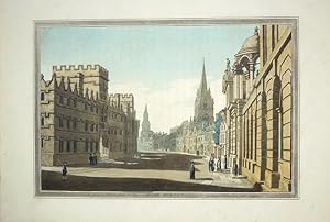 Original Hand Coloured Antique Aquatint Print Illustrating a View in High Street in Oxford, Oxfor...