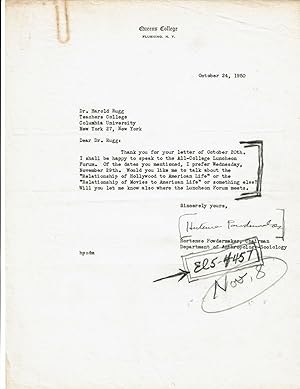 TYPED LETTER TO EDUCATOR HAROLD RUGG SIGNED BY AMERICAN ANTHROPOLOGIST HORTENSE POWDERMAKER, BEST...