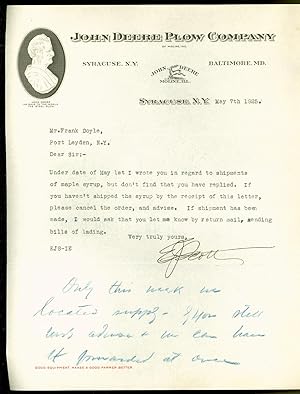 John Deere Plow Company Letterhead, Syracuse New York, May 1925 Typewritten Letter from E. J. Sco...