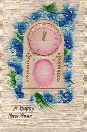 German 3D Style Crafts Silk Old Carriage Clock Happy New Year Antique Postcard