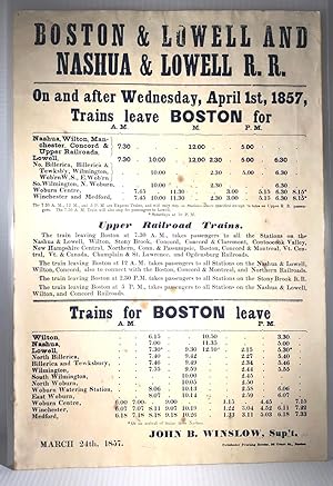 Boston & Lowell and Nashua & Lowell Railroad. Schedule Broadside. March 24, 1857