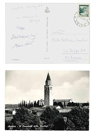 Cartolina postale viaggiata, con firme autografe di Luzi, Falqui, Fabiani e Menichini; inviata a ...