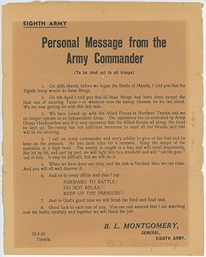 Personal Message from the Army Commander (to be read out to all troops), issued on 28 April 1943 ...