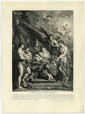 Antique Master Print-ACCOUCHEMENT-BIRTH LOUIS XIII-DE MEDICI-Rubens-Audran-1710