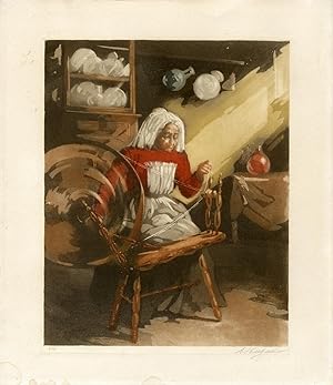 Antique Print-SPINNING WHEEL-OLD WOMAN-Hugard de la Tour-c. 1880