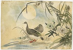 Japanese Antique Drawing-DUCK-GOOSE-WATER-FLOWERS-Anonymous-c.1890