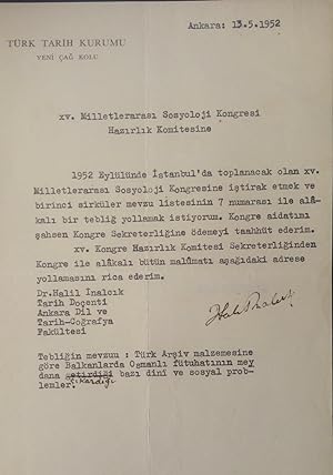 Typescript document signed 'Halil Inalcik' sent to Committee of XVth Sociology Congress.