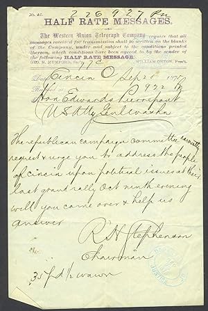 Telegram to Pierrepont from R.H. Stephenson, asking him to speak to the Republican Campaign Commi...